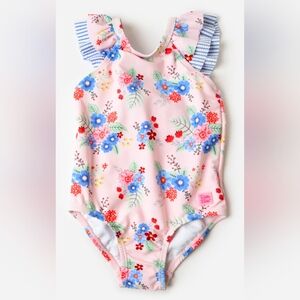 RUFFLEBUTTS, Girls' Ruffle V-Back,  Swimsuit, Coastal Breeze Floral, Size 7